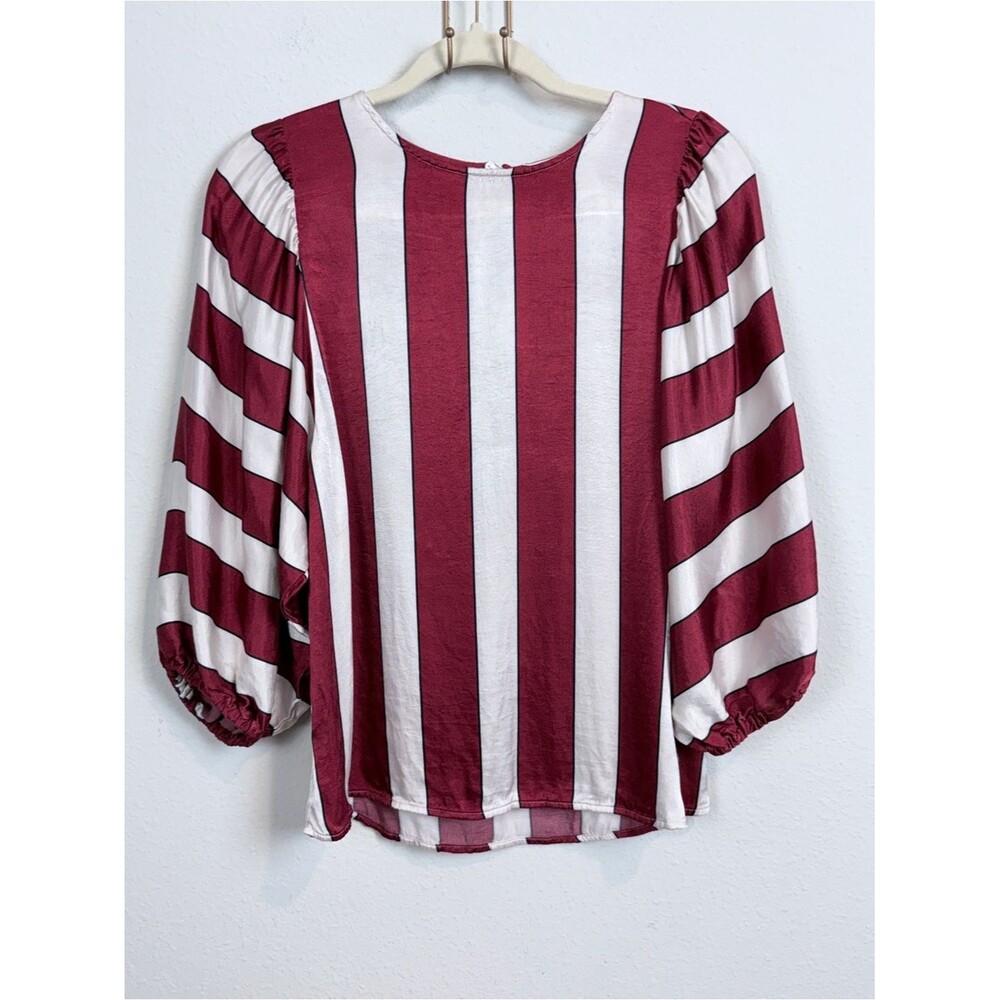 Maeve Anthropologie Burgundy & White Vertical Stripe Balloon Sleeve Blouse 8